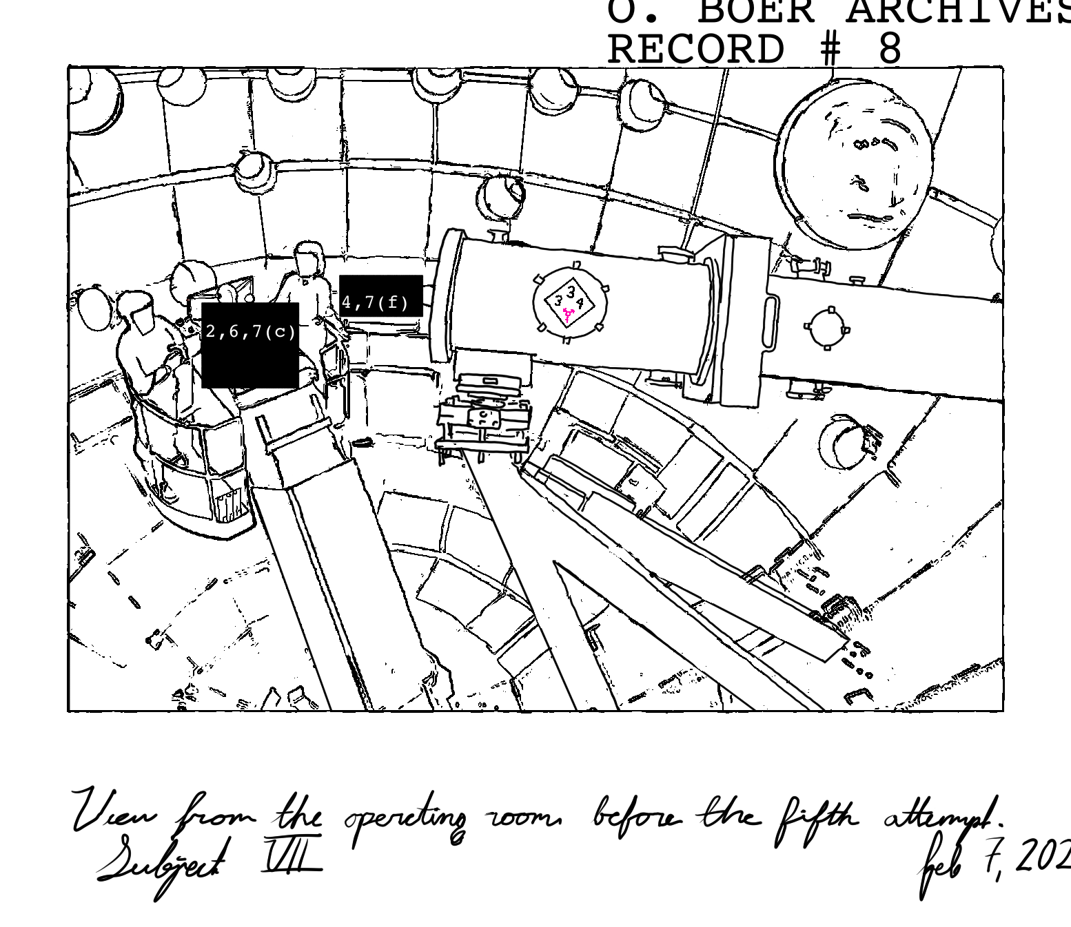 A line-art drawing of the inside of a science facility. The view shows a spherical room with paneled walls, perhaps 50 feet across, lined with circular lense apertures one to three meters in diameter. A thick pipe enters from the right, supported by a heavy framework, pointing at a basket on a heavy hydraulic arm in the middle of the room. The pipe is labled as a health hazard 3, fire hazard 3, reactivity level 4 in a hazmat sign, with the bottom quadrant saying only ⚧ in eyewatering pink. It is the only pink thing in the room. The basket contains two people in hazmat suits. Between the two people in hazmat suits is a redaction labeled '2, 6, 7(f)' and at the end of the pipe is a redaction labeled '4, 7(f)'.