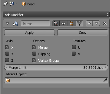 A screenshot of Blender, showing the Add Modifier pane with a Mirror modifier created but not applied.