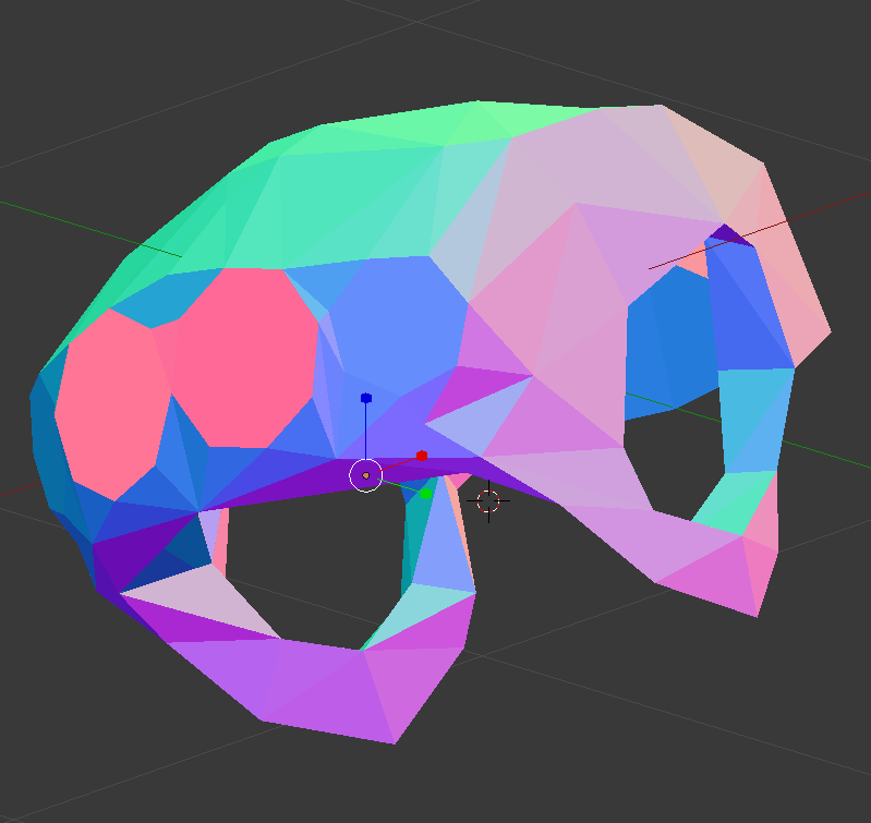 A view from Blender of the paper model, shaded in numerous different colors to highlight its facets.