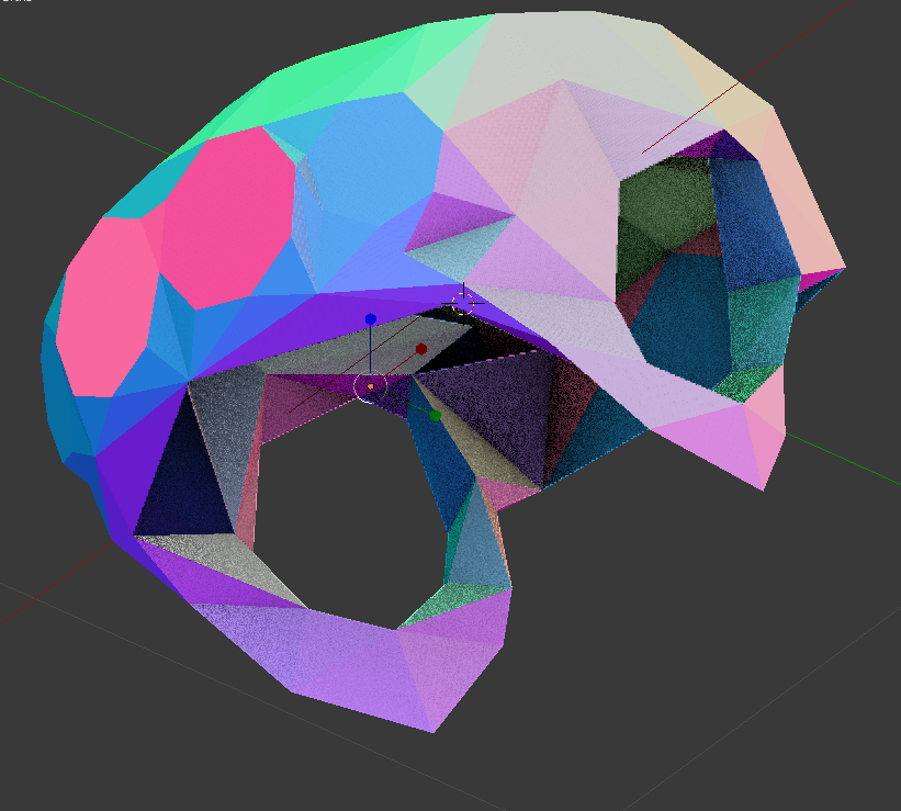 A view from Blender of the paper model, shaded in numerous different colors to highlight its facets.