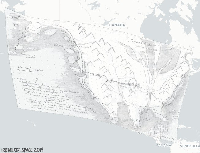 The previous map has bween warped and distorted, and overlaid on a map of the real North America.