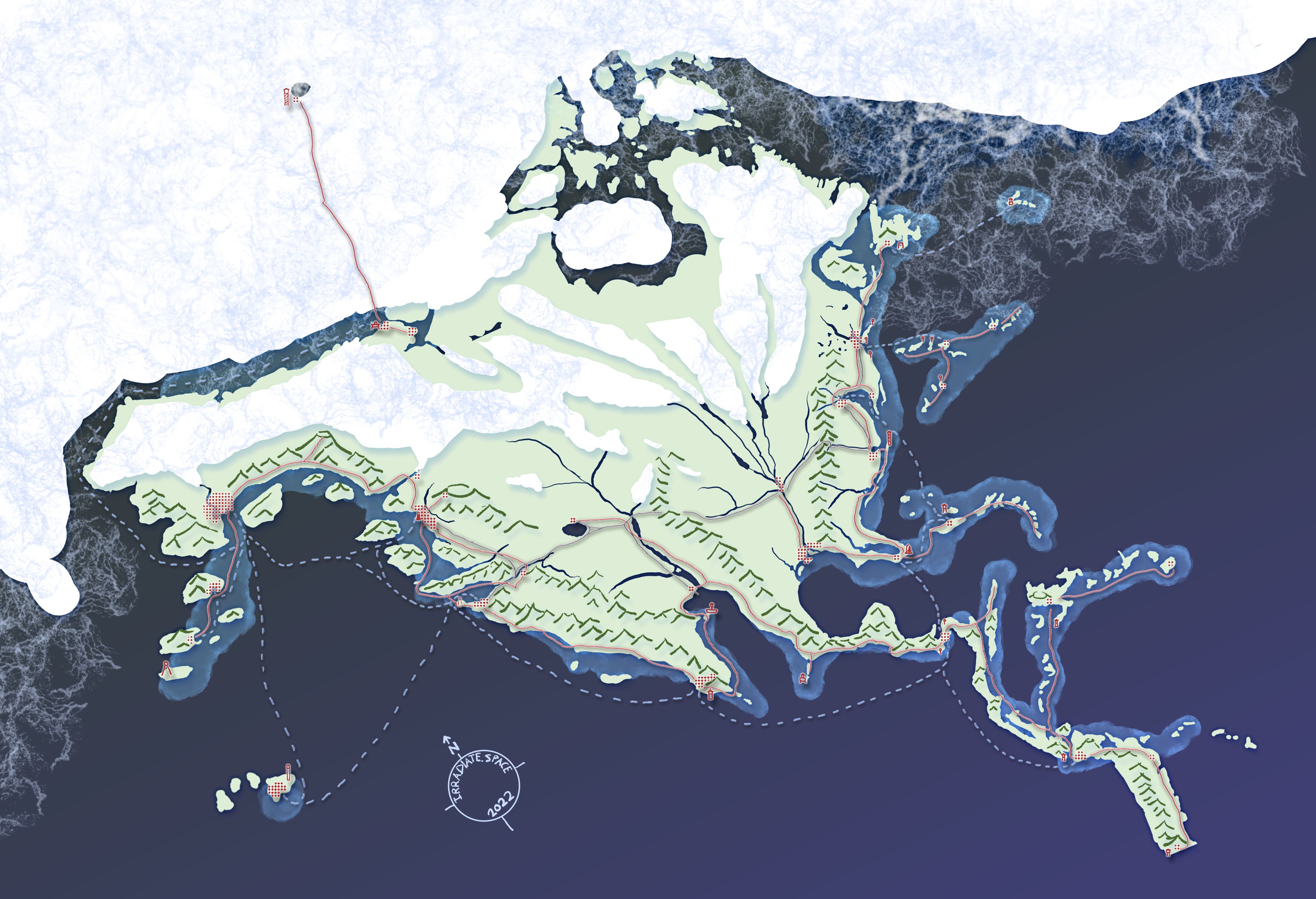A computer-illustrated map of a Pokémon region, with ice and ocean and lands and other things.